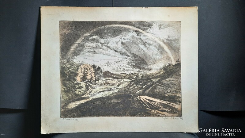 Elizabeth Weil of Asód: rainbow (etching) landscape, light phenomenon in the sky