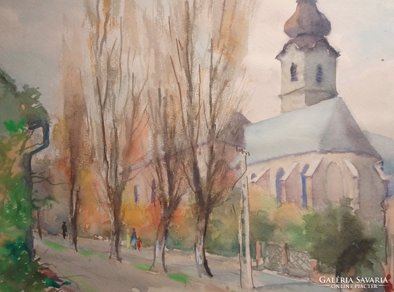 Sándor Szalóky?: Street scene with a church (56x46 cm)