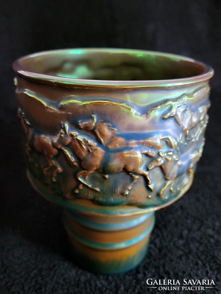 Rarity! Zsolnay eozin: candle holder with galloping stallion motif. Injured!