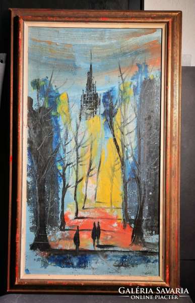 Fasor with pedestrians, 1968 (oil, framed size 69x42 cm) with a tower in the background, street scene