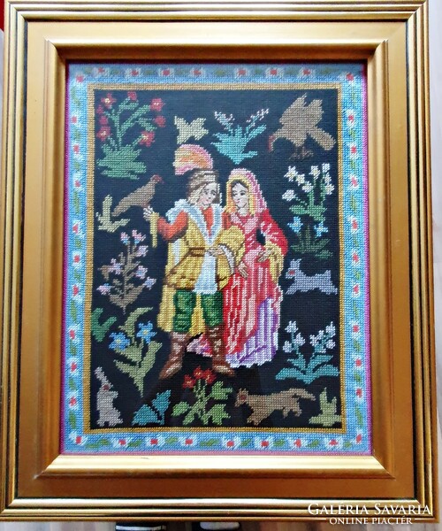 Old hand tapestry picture, frame behind glass. 47 X 57 cm.