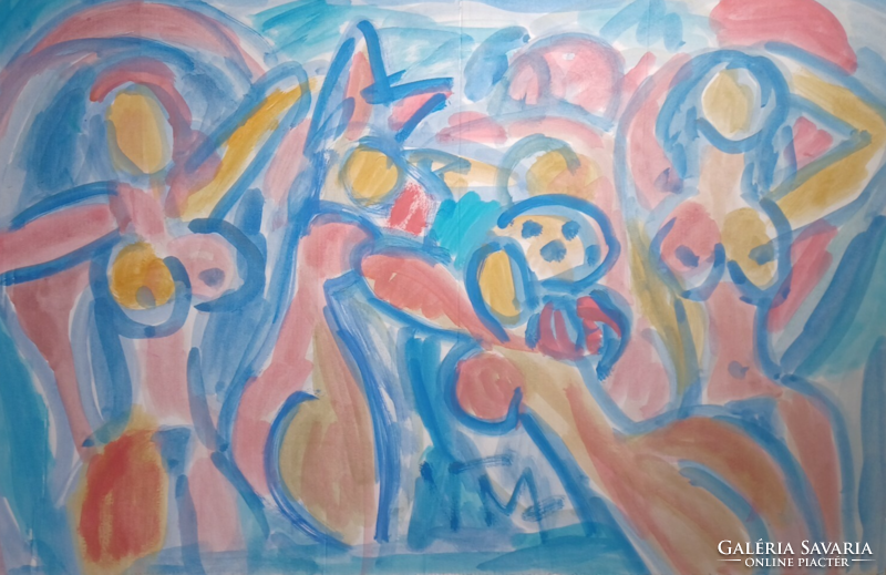 Cs. Németh Miklós: Nudista strand (akvarell, karton, 53x80 cm)