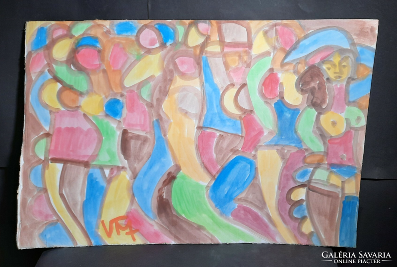 Miklós Cs. Németh: dancing crowd with nudes - watercolor (53x80 cm)