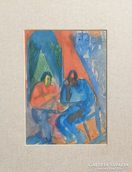 Schönberger Armand vázlat (akvarell): Asztalnál ülők - jelenet, életkép