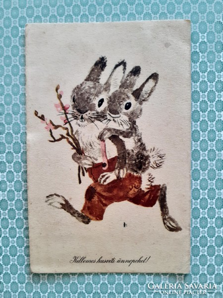 Régi húsvéti képeslap 1958 rajzos nyuszis levelezőlap