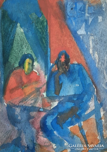 Schönberger Armand vázlat (akvarell): Asztalnál ülők - jelenet, életkép