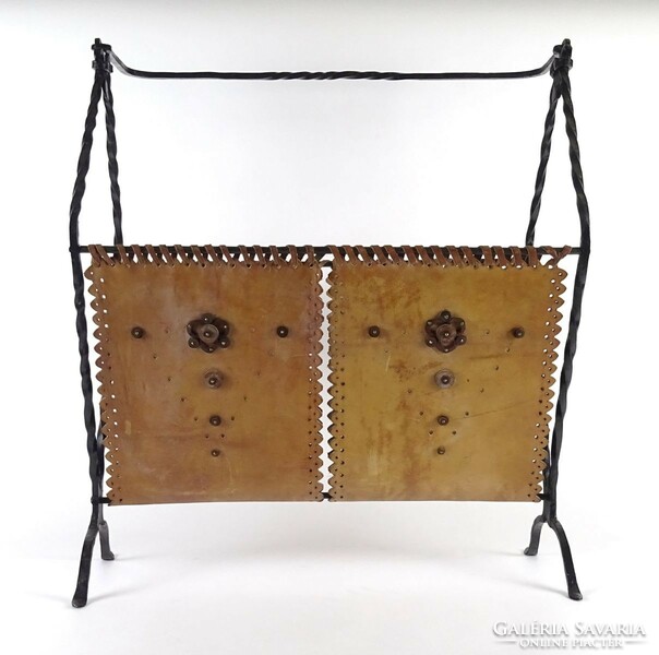 1K062 old applied art wrought iron newspaper holder with leather decoration