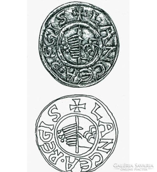 A realistic copy of the very first Hungarian coin, the lancea regis, coated with colored silver