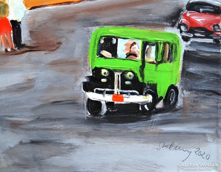 Evamaria stollmayer: the green car, 2020 - oil on canvas painting
