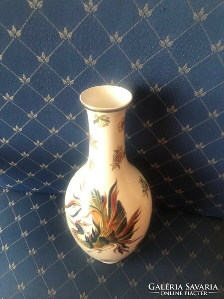 Zsolnay porcelánfajansz váza,főnix madár mintás,kézzel festett,2000-es évek pecsétes jelzésével..