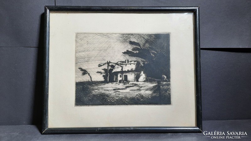 A farm with a boom, István Szőnyi? (Etching, with frame size 26x31 cm) peasant landscape
