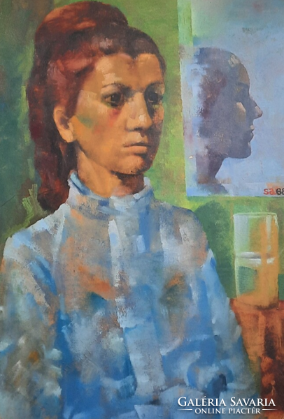 Hölgyportré tükörrel (olaj) "sa 68" jelzéssel - méret kerettel 78x55 cm) női arckép