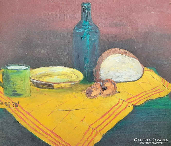 Csendélet cipóval, "Mezei" jelzéssel, 1979 (53x63) konyhai csendélet bögrével, tányérral