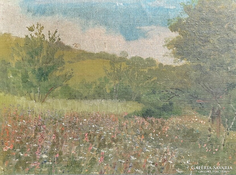 Virágos mező (régi olajfestmény, vászon) tájkép