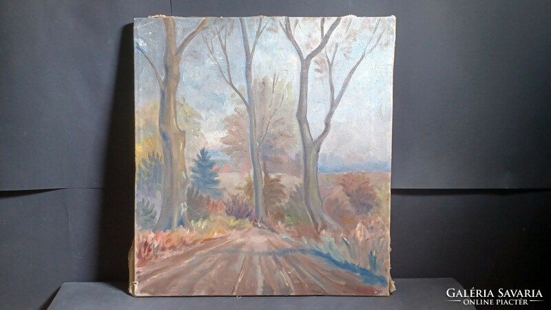 Forest road (oil, canvas, 45x42 cm) with an unidentified sign, 