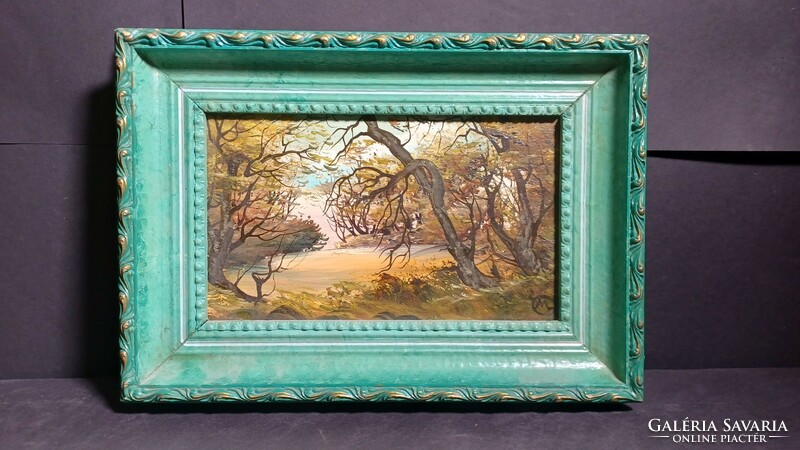 László Marosán: September landscape (oil, wood fiber, 15x25 cm)