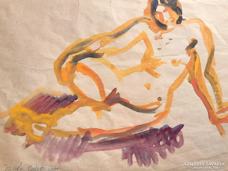 Erika Juhász: nude, 1990 (tempera, 40x50 cm) - colored nude, modern, contemporary