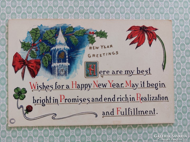Old New Year postcard embossed postcard church clover holly poinsettia