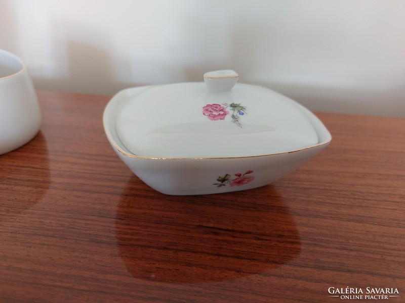 Régi Hollóházi porcelán virágos asztali szett 4 db váza tál cigitartó bonbonier mid century