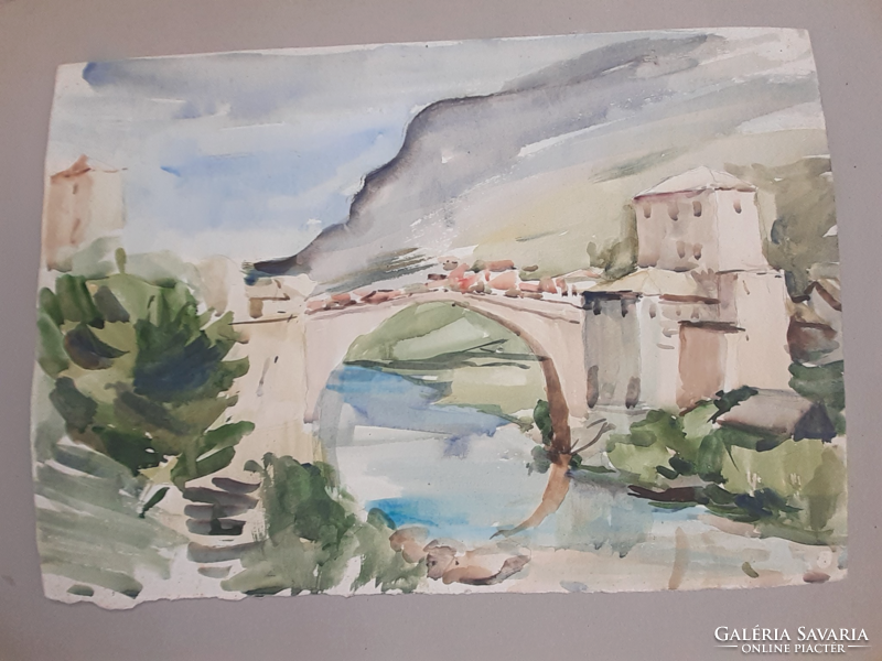 Mostari-híd és Vízparti móló, kétoldalas akvarell