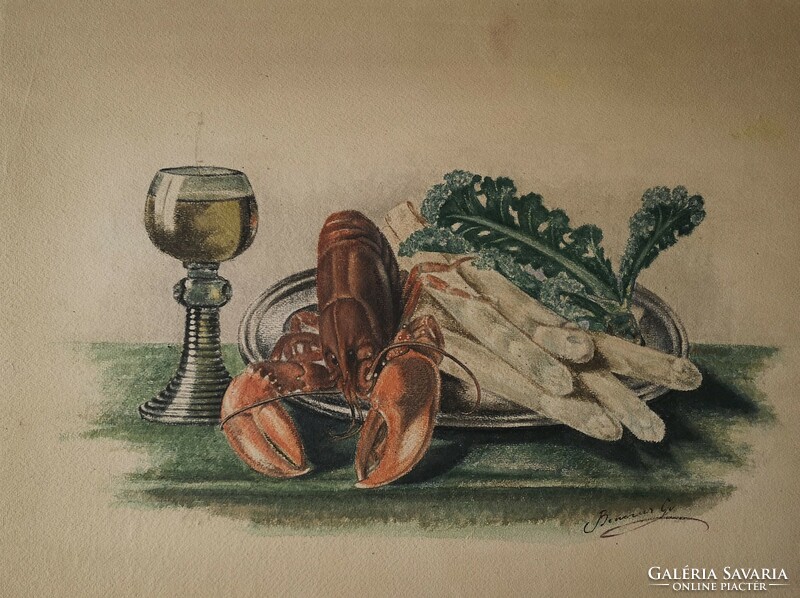 Antique painting still life with crab. Watercolor cardboard. 30X40 cm