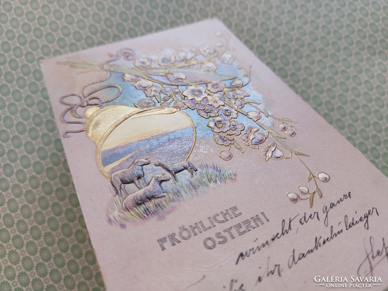 Régi húsvéti dombornyomott képeslap 1903 levelezőlap bárány harang