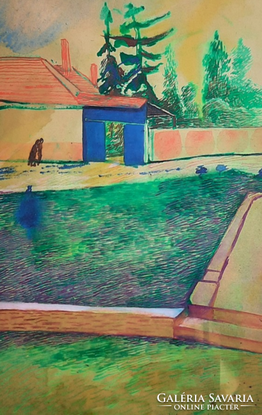 Bikácsi Daniela (1943-) : Utcakép (akvarell) méret kerettel 65x48 cm - kortárs festőnő, modern