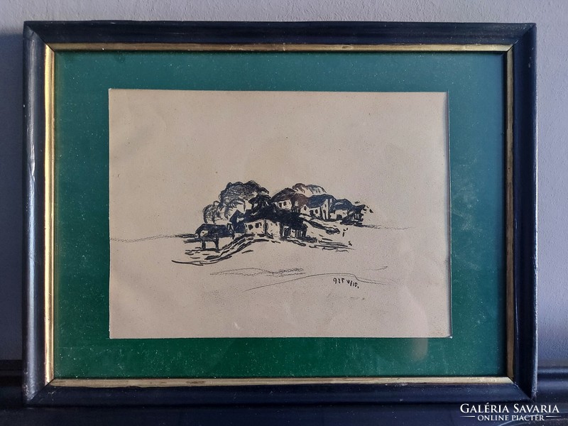 Signed drawing - village 075