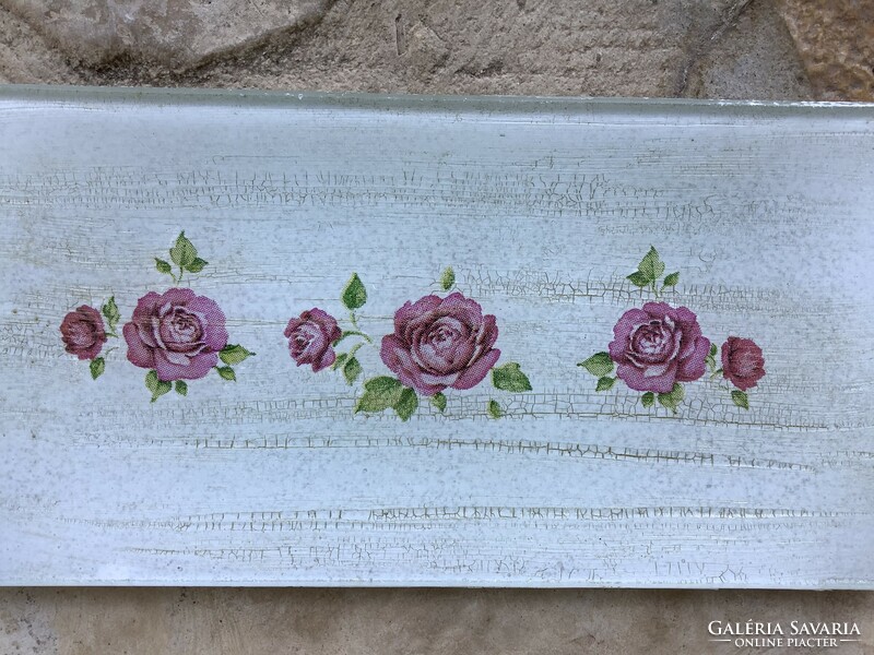 Small curved oblong rose decoupage glass bowl