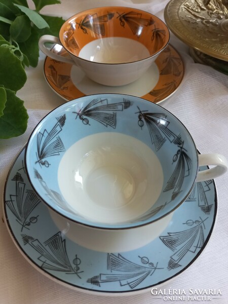 Weimar art deco, pillangós csésze és kistányér, 2 szett egyben