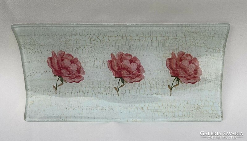 Tiny pink rose decoupage oblong glass bowl