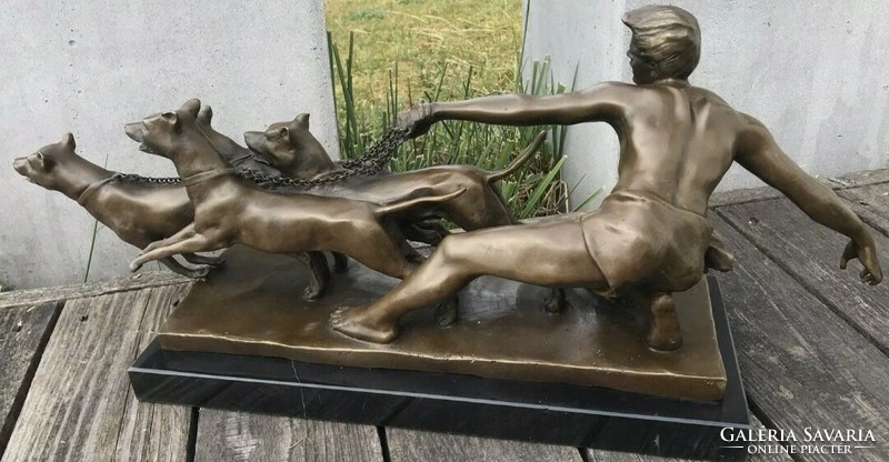 Man with dogs - art deco bronze statue - decorative work of art