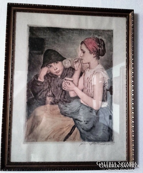 Soap bubble pinx glatz oszkár beautiful copper engraving, signed picture in an antique oxeye frame