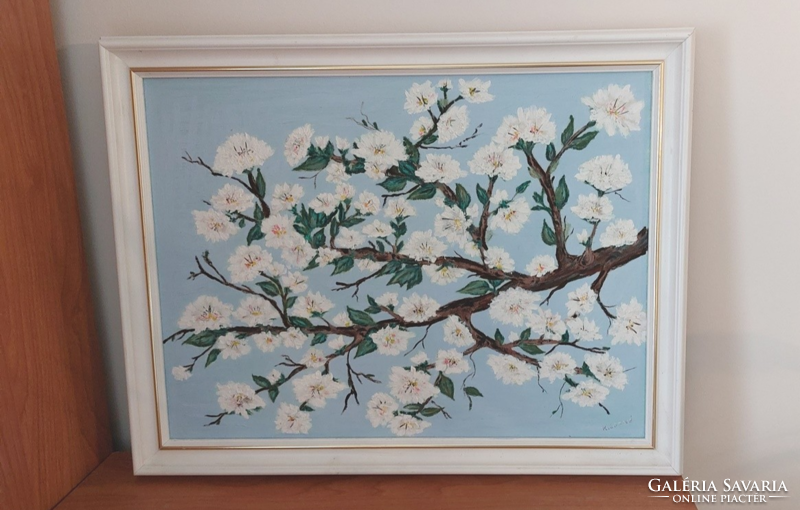 (K) a beautiful painting of a blooming tree branch with a 45x35 cm frame, painted on canvas lined with cardboard.