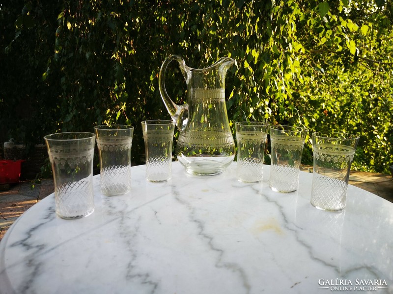 Antique Art Nouveau wine set with 6 glasses, blown jug