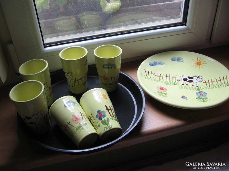 HMV vásárhelyi kézzel festett majolika bocis gyerek reggeliző, uzsonnázó készlet