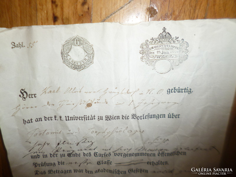 Antik orvosi akadémikus vizsga oklevél  papír 1849 Bécs
