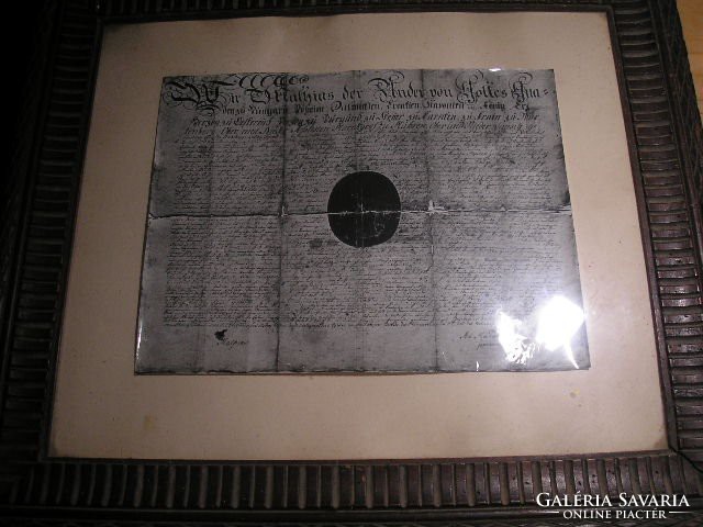 Nemesi címeres gótbetűs üveglapos oklevél másolat 47x 43 cm