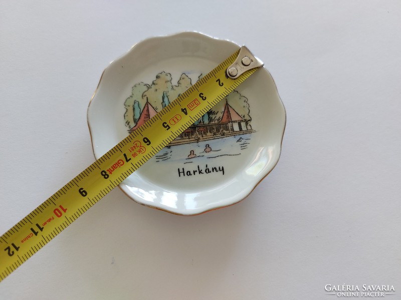 Régi Aquincum porcelán emléktárgy Harkány feliratos mini tányér emlék szuvenír