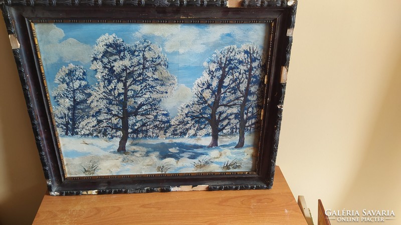 (K) Régi téli tájkép festmény 61x51 cm