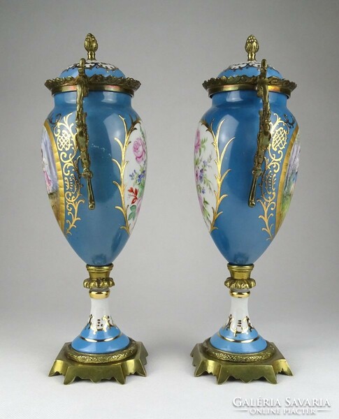 1G770 antique copper beaten French porcelain urn vase pair 30.5 Cm