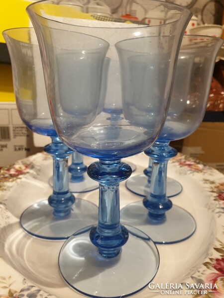 7 old blue glass goblets with feet