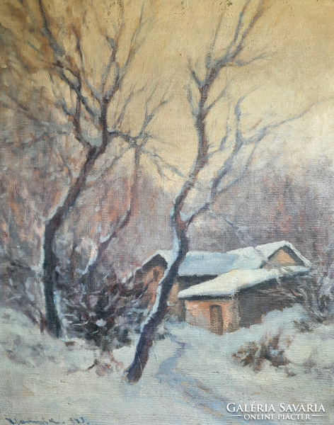 Vitéz Sashegyi Kálmán: Téli táj házikókkal (kerettel 70x60 cm, szignózott) olaj, vászon
