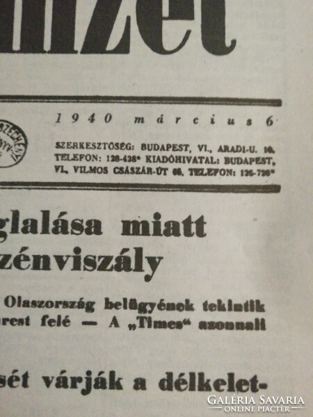 Hungarian Nation newspaper March 6, 1940