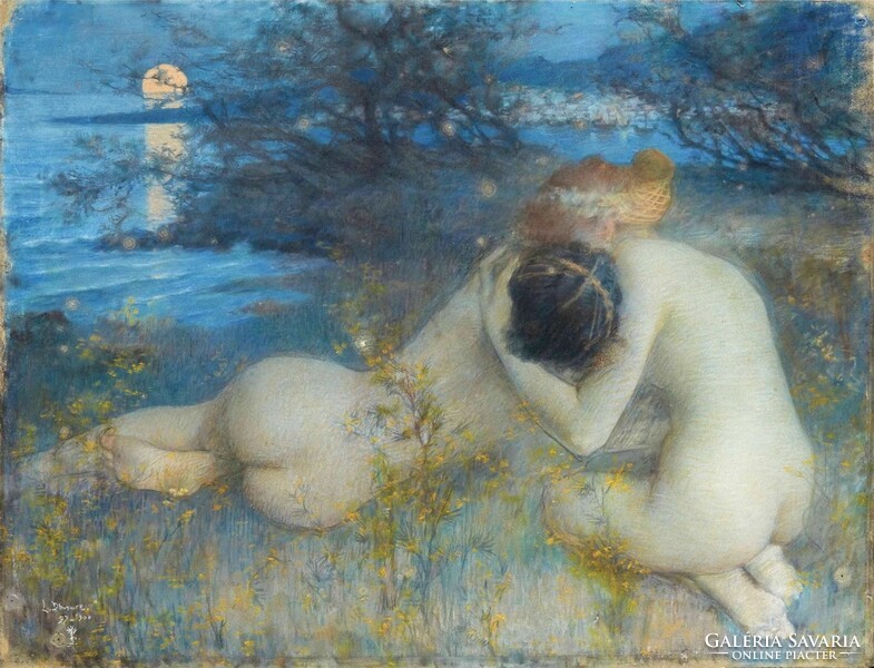 L. L. Dhurmer bilitis 1900, reproduction canvas print, lesbian couple female nude love kiss