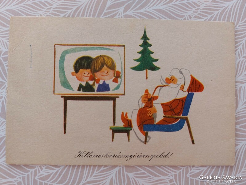 Régi karácsonyi rajzos képeslap levelezőlap Mikulás retro Télapó