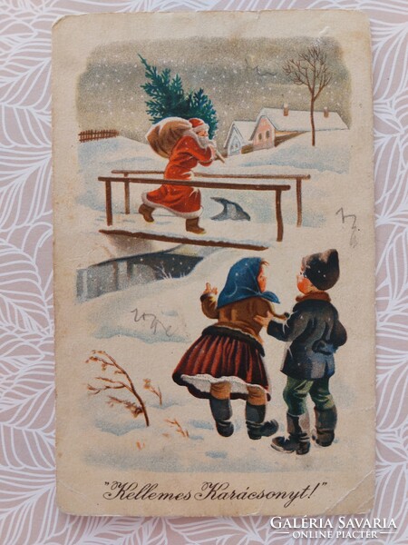 Régi karácsonyi képeslap 1954 Mikulás levelezőlap Télapó havas táj