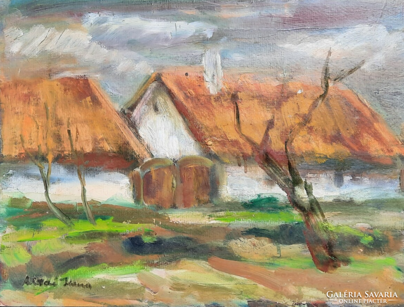 Ilona Bruschné Altai: farm in Szolnok (oil, cardboard, 30x40 cm) village life - female painter