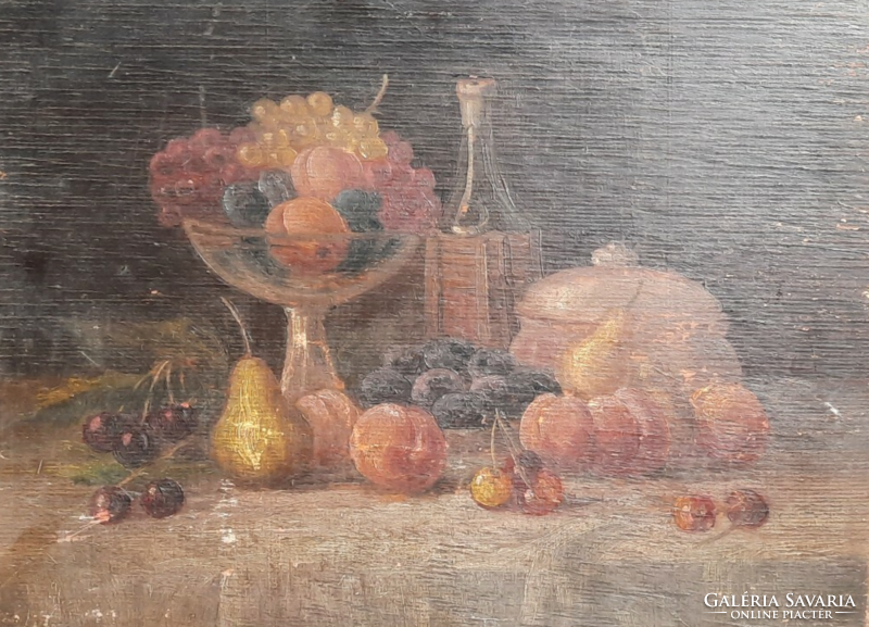 Antik gyümölcs-csendélet (olaj, fa, 33x44 cm) szőlővel, körtével, barackkal, üveggel