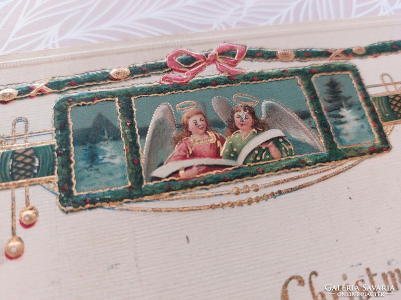 Régi karácsonyi dombornyomott képeslap angyalos levelezőlap
